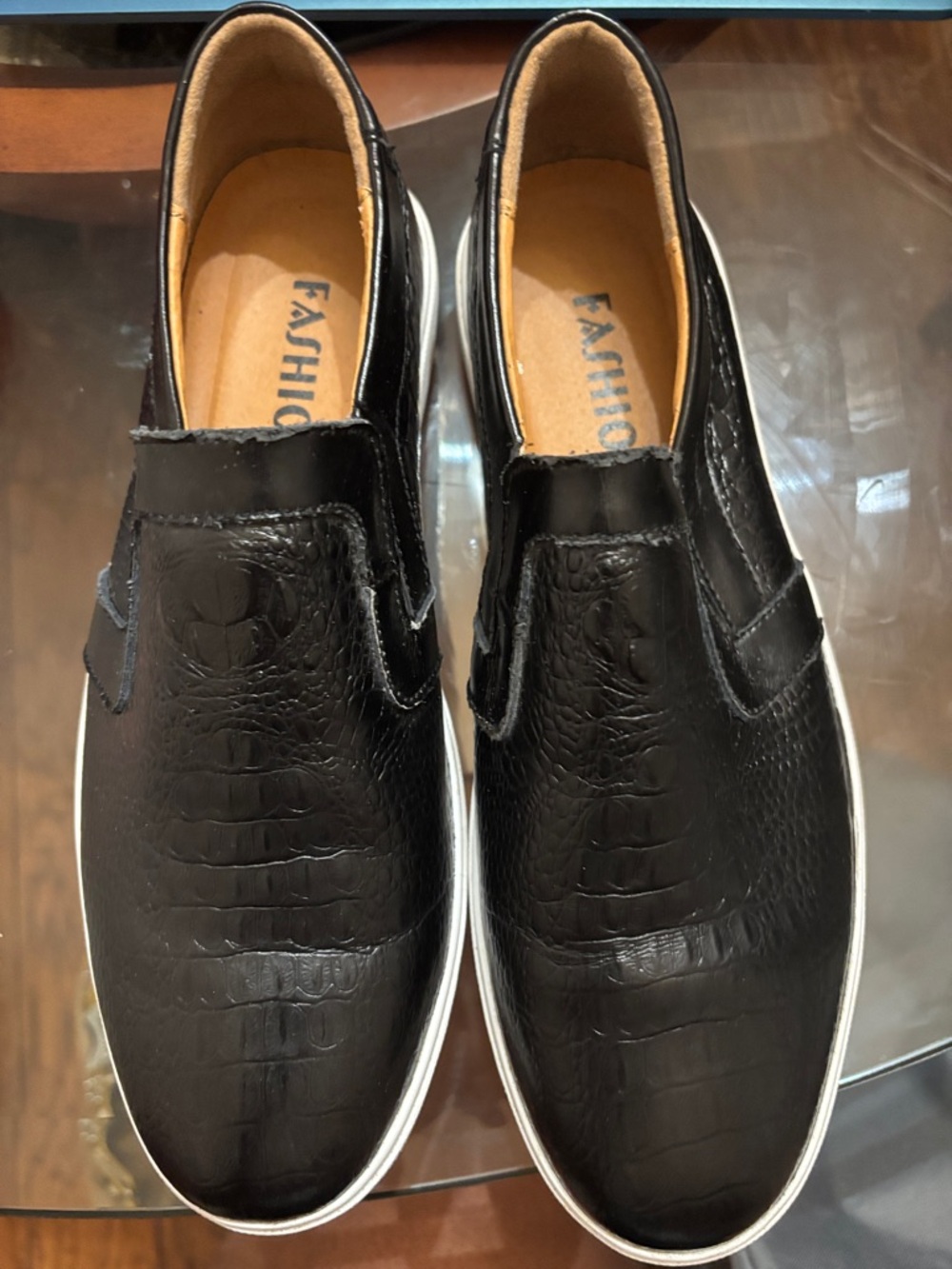 Fashion Brand Company Black Croc-Texture Slip-On Sneakers